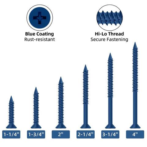 One Quarter Inch By Six Inch Heavy Duty Concrete Screw Anchor Set With Blue Ruspert Coating For Masonry Brick Block Cement Or Stucco Flat Head Screws With High And Low Threads And Wide Serrated Threads 30 Piece shown with different sizes.