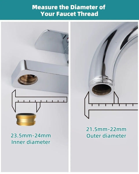 Swivel Faucet Adapter Kit, Solid Brass 3/4 Inch Garden Hose Adapter With Aerator, 360 Degree Kitchen Sink Faucet Aerator Adapter For Female And Male To Male, Chrome showing faucet thread diameter sizes 23.5-24mm and 21.5-22mm