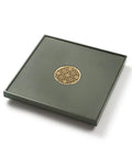 Top Shelf Green Slate Tea Tray With Integrated Drainage For Snazzy Kung Fu Ceremonies And Cool Home Office Vibes Stylish Square Serving Board with gold detail.