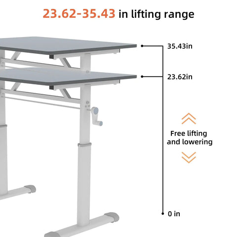 No Fuss Manual Crank Standing Desk That Dials Height Quick For Smooth Sit To Stand Workstation Killer Ergonomic Computer Desk For Tight Quarter Home Office Setup In Modern Charcoal Gray lifting range from 23.62 to 35.43 inches.
