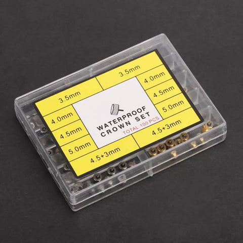 Copper Watch Crown Screws Replacement Parts Kit For Tiny Screws And Back Opener Tools in clear storage box.