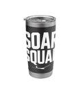 Black insulated stainless steel tumbler with 'Soar Squad' text, ideal for sailplane crew, glider club fans, built for thermals