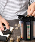 Person using Easy Coin Sorter Tube Set With Wrappers, 5 in 1 Change Counter Machine, Quick And Accurate Coin Roller Organizer For Home Or Office