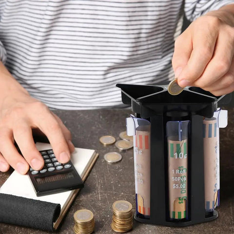 Person using Easy Coin Sorter Tube Set With Wrappers, 5 in 1 Change Counter Machine, Quick And Accurate Coin Roller Organizer For Home Or Office