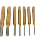Heavy Duty 7 Piece Pin Punch Set In Gold Finish Made From Heat-Treated Alloy Steel Perfect For Watch Repair Machine Maintenance, seven sizes