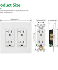 Heavy Duty Tamper Resistant Decorator Outlet Combo Kit Featuring Kid Proof Shutters Two Gang Screwless Wall Plate Set dimensions and layout.