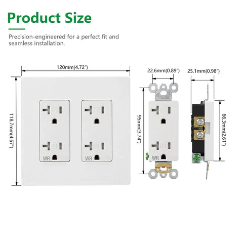Heavy Duty Tamper Resistant Decorator Outlet Combo Kit Featuring Kid Proof Shutters Two Gang Screwless Wall Plate Set dimensions and layout.
