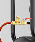 Brass NPT Pipe Cap Set One Eighth Through Three Quarters Inch Female Thread Socket End Caps Plugs Fittings connected to red hose