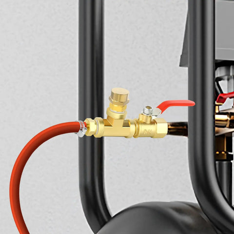 Brass NPT Pipe Cap Set One Eighth Through Three Quarters Inch Female Thread Socket End Caps Plugs Fittings connected to red hose