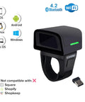 Hands Free Ring Barcode Scanner 1D 2D QR Wearable Finger Reader With Bluetooth USB 2.4GHz No Software Needed Works With iOS Android Windows For Warehouse Store Inventory, shown with USB receiver.