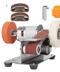 Compact Mini Belt Sander Machine For DIY Knife Sharpening And Polishing with sanding belts and polishing wheel.