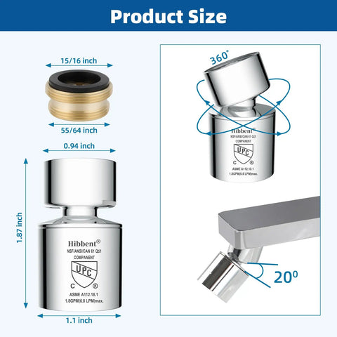 Dimensions of Dual Function Faucet Aerator With 360 Degree Swivel Sprayer and 55/64 Inch Female Thread shown with diagrams