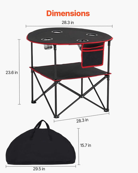 Folding Camping Table For Outdoor Adventures Portable Lightweight Picnic Table With 66 Lb Capacity Waterproof 600D Oxford Fabric Four Cup Holders Carry Bag Tailgating Camping Beach Trips with dimensions shown.