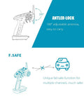 Diagram of the GT5 6CH AFHDS RC Transmitter with adjustable antenna and fail-safe feature, showing RC car safety function.