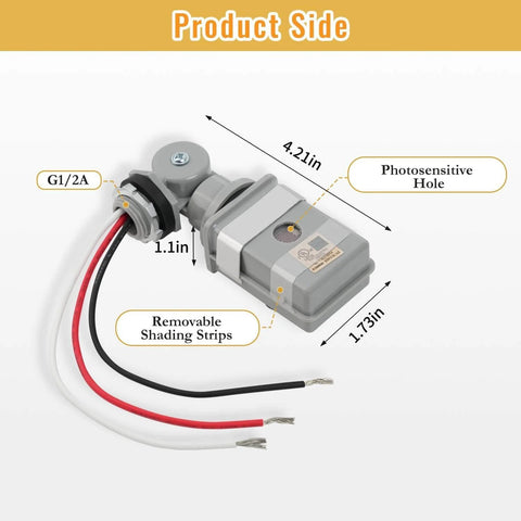Side view of Two Pack No Fuss Photocell Sensor For Outdoor Lights, with dimensions and wiring, 120VAC Dusk To Dawn Switch, IP54 Waterproof