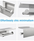 Four views of Toilet Paper Holder With Phone Shelf, Self Adhesive Or Screw In Wall Mount, Rustproof Bathroom Tissue Dispenser With Built In Shelf