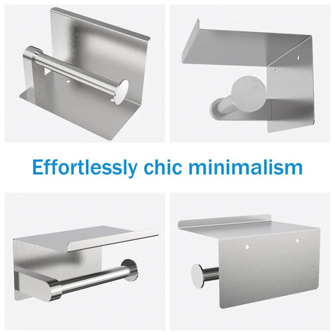 Four views of Toilet Paper Holder With Phone Shelf, Self Adhesive Or Screw In Wall Mount, Rustproof Bathroom Tissue Dispenser With Built In Shelf