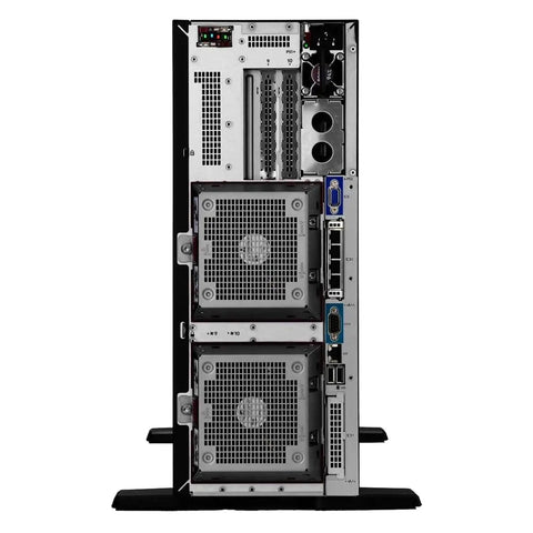 Back view of Rock Solid Dual Xeon Tower Server With 64 Cores And 1TB DDR5 Memory, showcasing ports and dual power supplies.