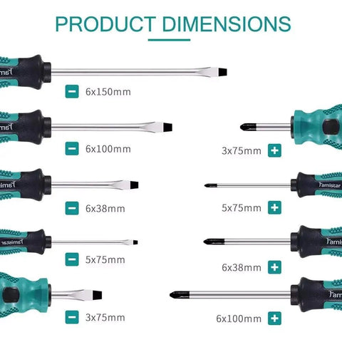 Premium Magnetic Screwdriver Set With Ergonomic Insulated Handles Featuring Precise Torx Bits And Tough Chrome Vanadium Steel For Heavy Home Repair Jobs And Quick Multitool DIY Fixes That Make You Feel Like A Total Pro. Product dimensions chart with 6x150mm and 3x75mm screwdrivers