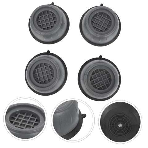 Non Slip Washing Machine Foot Mats and Refrigerator Stabilizers, grey anti skid pads with grid texture, top and side views