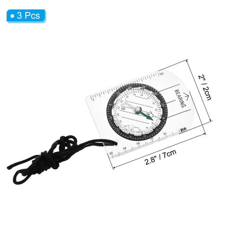 Three Pack Trail Ready Hiking Compass With Declination Scale For Backpacking And Camping, with lanyard, measures 2.8" x 2".