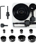 11-piece hole saw kit with mandrels, drill bits and hex key in a black storage box