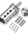 Heavy Duty Built Tough Trailer Jack Drill Adapter With Universal Fit For One Inch And One Half Inch Drive Shafts One Piece 304 Stainless Steel Power Drill Socket Attachment For RV Camper Boat Stabilizer Leveling Jacks shown with pins and clips