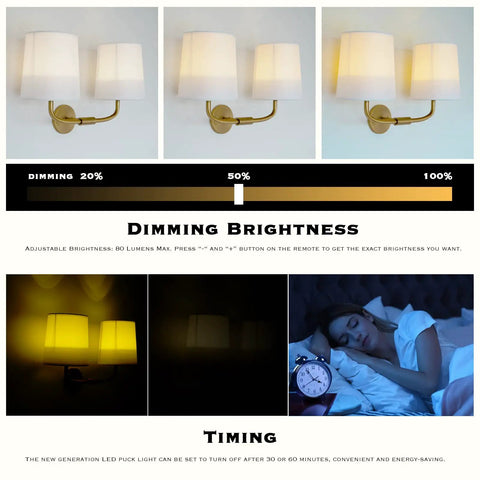 Industrial Battery Powered Wall Sconce With Two Light LED Fixture, brightness settings and remote timing features displayed