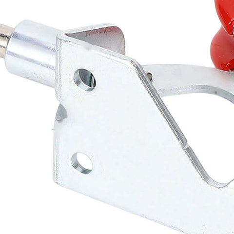 Close-up of metal Dual Head Toggle Clamp Heavy Duty 45Kg Clamping Force 30mm Stroke M4x25 Screw with red handle.