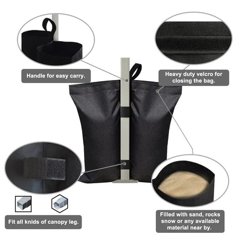130 Lbs 4 Pack Universal Canopy Weights With Reinforced Double Pockets, showing easy installation and sand filling option, black.