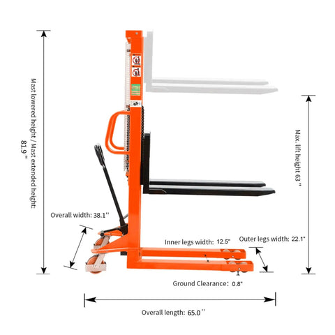 Rock Solid Manual Pallet Stacker And Heavy Duty Hand Forklift side view with dimensions showing 63 inch max lift height.