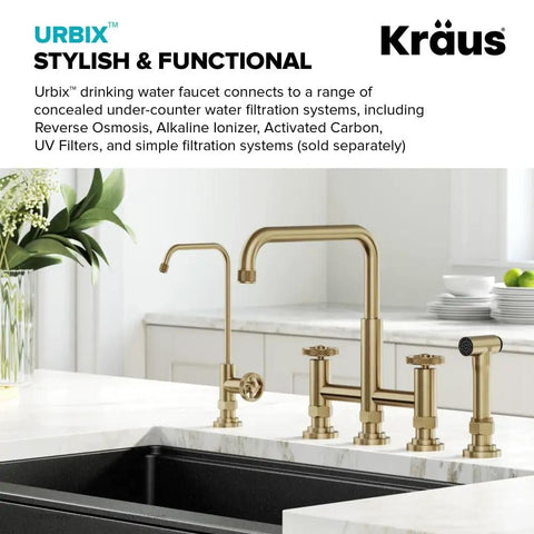 Urbix Standalone On-Demand Lead-Free Kitchen Water Filter Faucet in Brushed Gold with Rust-Resistant Finish installed in kitchen