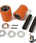 Heavy Duty Load Wheel Kit For Crown WP 3000 Electric Pallet Jack Lift Truck including two polyurethane wheels and metal axles.