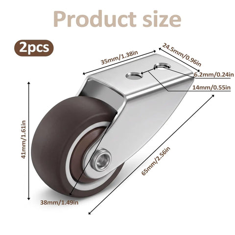 Heavy Duty TPE Caster Wheels 1.5 Inch Diameter Two Pack Replacement Furniture Glides For Desks Shelves And Cabinets Dead Nuts Reliable Zero Sweat Glide Setup with detailed sizing.