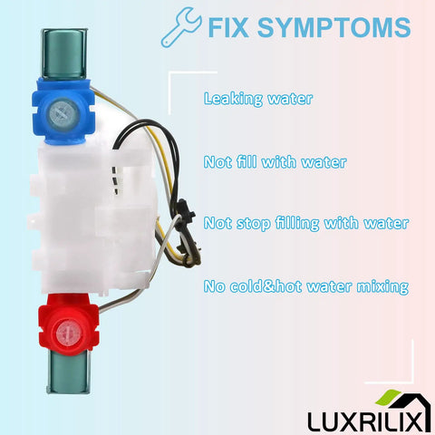 Washer Water Inlet Valve Replacement For Whirlpool Amana Kenmore with blue and red valves shown on product image.
