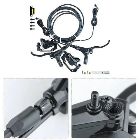 Heavy Duty Hydraulic Disc Brake Kit For Electric Kick Scooters Featuring twin calipers, master levers, and SM connector.