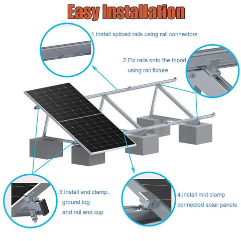 Illustration of Adjustable Solar Panel Mounting Brackets Kit System 30 To 45 Degree Tilt Aluminum Ground Mount installation steps
