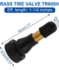 Side view of TR600HP brass tire valve stem with black cap, 1.71-inch length.