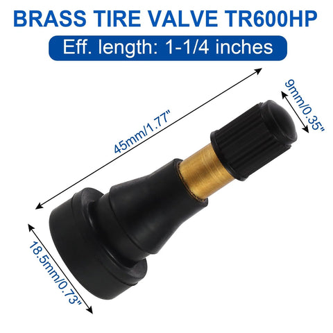 Side view of TR600HP brass tire valve stem with black cap, 1.71-inch length.