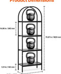 Rustic Vintage 4-Tier Arched Metal Storage Bookcase with 30 lb kettlebells on each shelf, showing dimensions in inches and mm