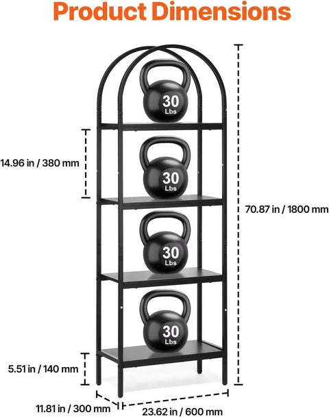 Rustic Vintage 4-Tier Arched Metal Storage Bookcase with 30 lb kettlebells on each shelf, showing dimensions in inches and mm