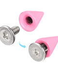 Badass Pink Cone Spike Studs And Screw Back Rivets For Leather Craft Bag Repair Hella Durable Carbon Steel Metal Hardware Kit With 50 Sets. Close-up of pink cone spike with screw.