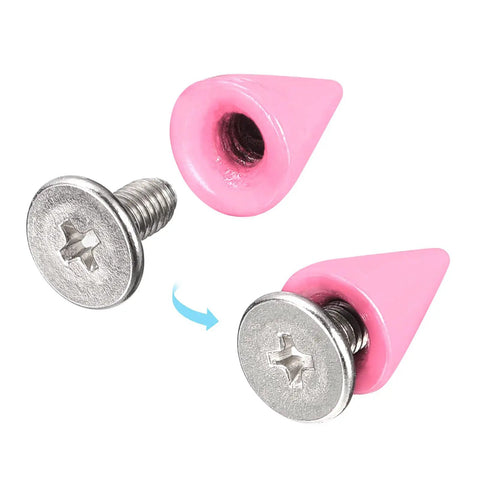 Badass Pink Cone Spike Studs And Screw Back Rivets For Leather Craft Bag Repair Hella Durable Carbon Steel Metal Hardware Kit With 50 Sets. Close-up of pink cone spike with screw.