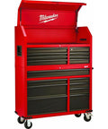 Heavy Duty 16 Drawer Tool Chest And Rolling Cabinet Set 46 Inch Red Black Workshop Storage with open top.