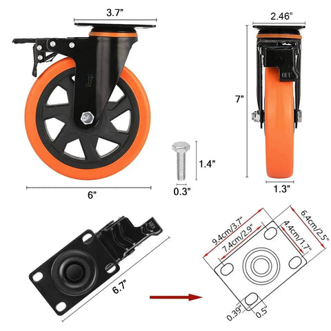 Rock Solid 6 Inch Polyurethane Swivel Casters Built For 1390 Lb Weight Rating With Reliable Dual Locking Brakes for shop carts.