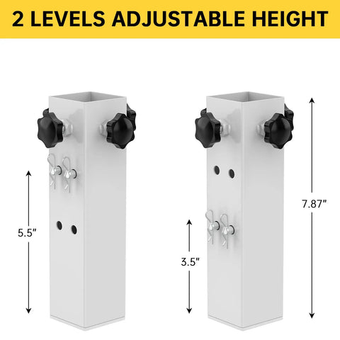 Level Up Your Setup With Four Piece White Metal Table Leg Extenders For Folding Desks Adjustable Height Risers Heavy Duty Square Base Built Tough Effortless Install For Any Room adjustable height risers with 2 levels 5.5 and 7.87 inches.