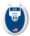 Economy Durable Wood Toilet Seat With Top Tite Hinges Model 400TTA Made In USA; round white with American flag and brand label