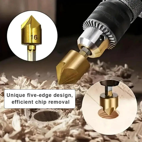 Close-up of 6 Piece Countersink Drill Bit Set With One Quarter Hex Shank 82 Degree Five Flute Center Punch For Metal Wood Plastic Nitride Coated High Speed Steel For Longer Life Great For DIY Projects Includes One Quarter Five Sixteenths Three Eighths One Half Five