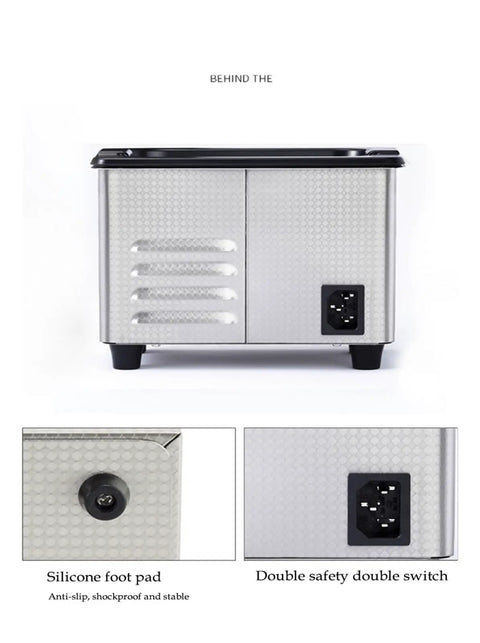 Awesome Digital Ultrasonic Cleaner Machine With Stainless Steel Basket showing silicone foot pad and double safety switch.