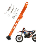 Aluminum CNC Dirt Bike Kickstand Side Stand With Springs 2024 Style For KTM XC EXC EXC F TE TX FE EX EC ES 125 150 250 300 350 450 500 2023 2024 Ride Ready Lightweight Rustproof Replacement shown with installation accessories.